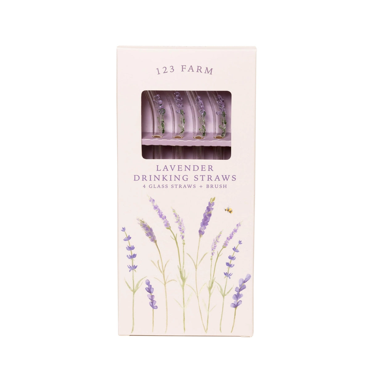 A set of 4 lavender drinking straws in their paper packaging.