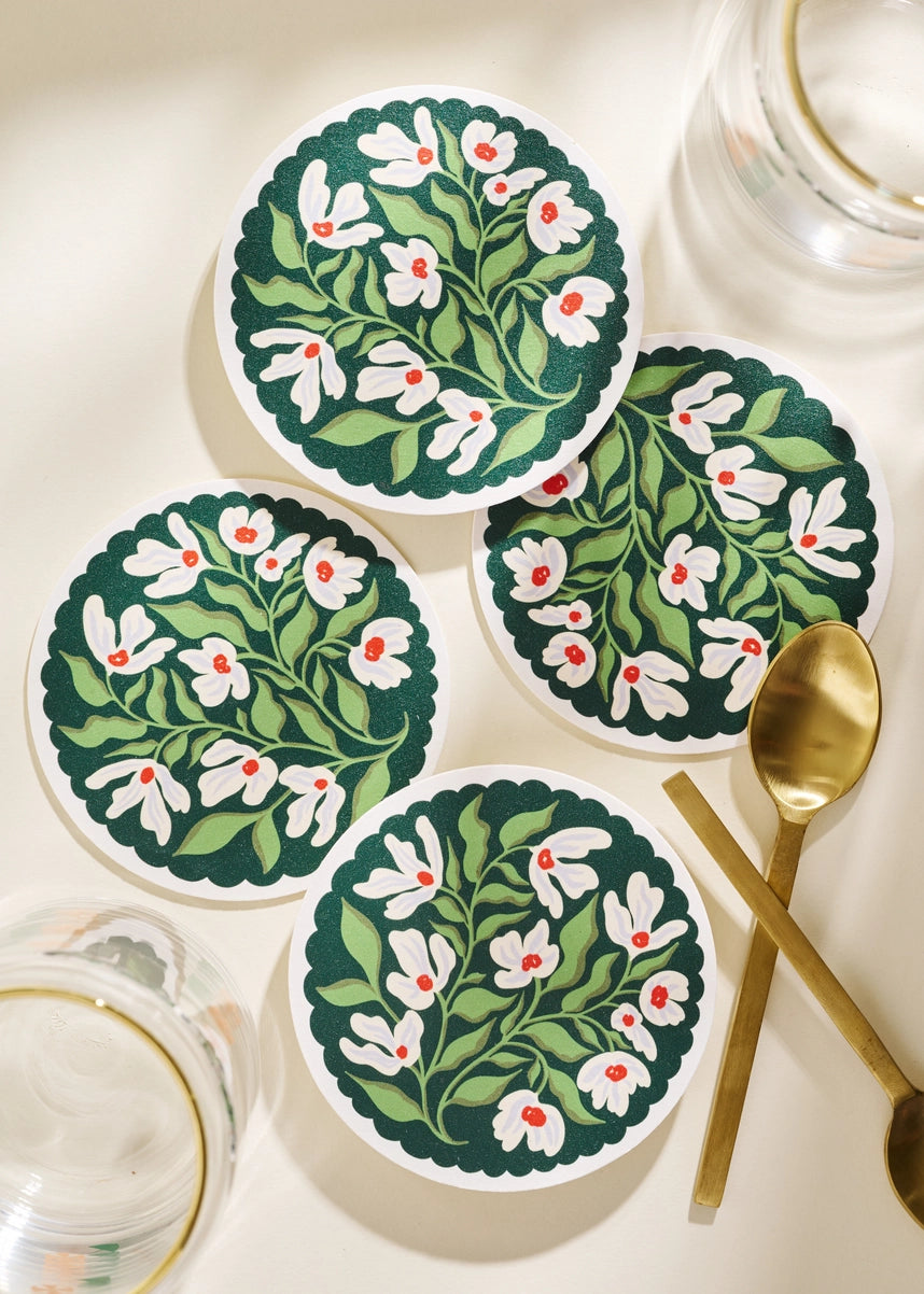 Green and Lavender Floral Scalloped Coasters (Set of 4)
