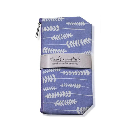 A lavender-patterned canvas bag sits on a white background. 
