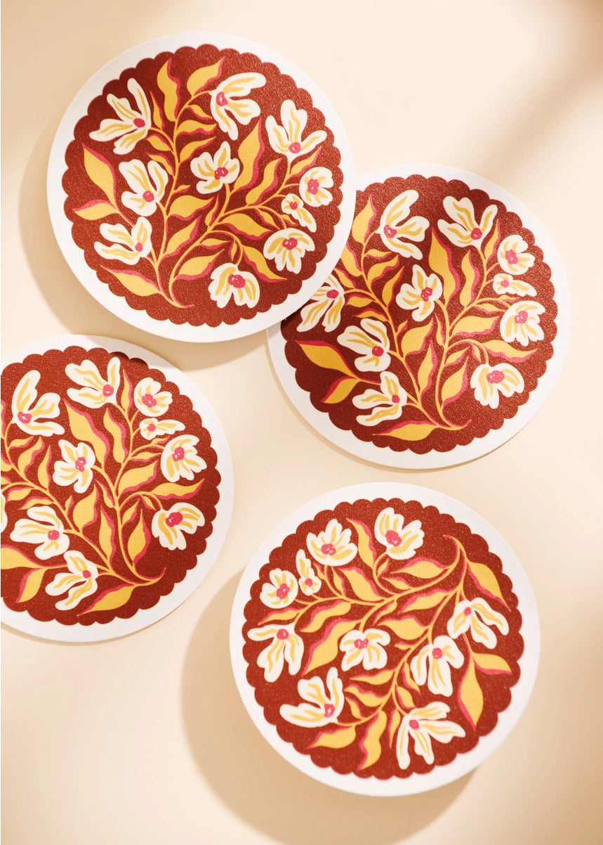 Pumpkin Spice Floral Scalloped Coasters (Set of 4)