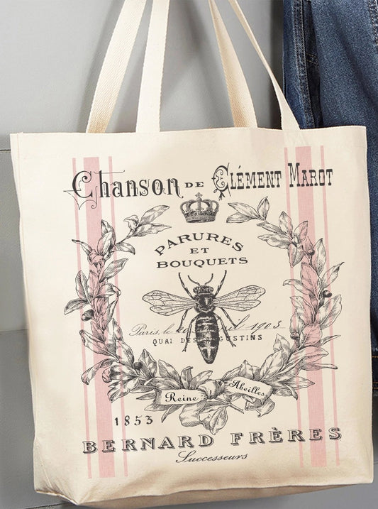 Vintage Shabby Chic French Bee Canvas Tote Bag