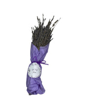 Load image into Gallery viewer, A bundle of dried lavender, wrapped in purple tissue paper and tied with a purple bow. A white sticker on the tissue paper reads &quot;Elf Leaf Farm&quot; in a cursive font.
